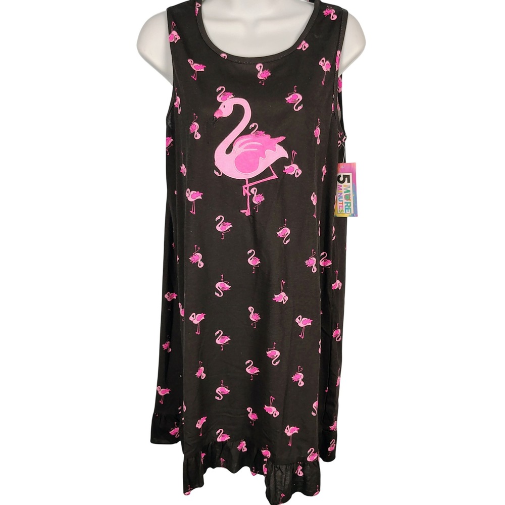 5 More Minutes Flamingo Nightgown Black Pink Sleeveless Ruffle Sleep Dress M NWT